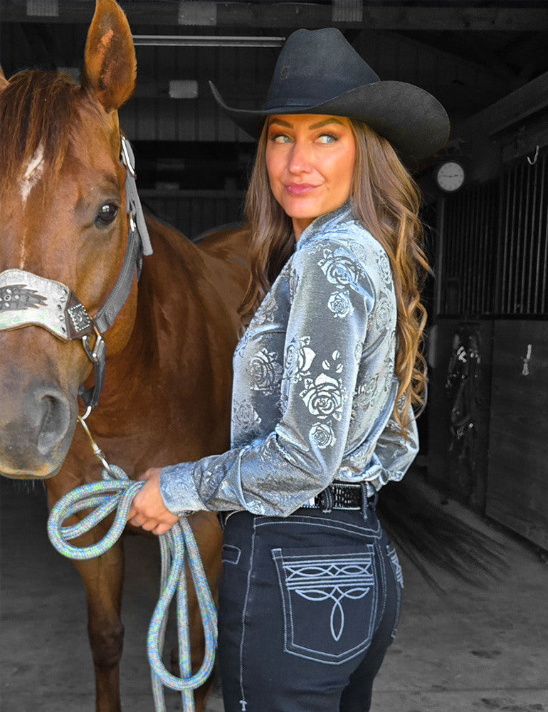 Chrome Silver Gray With Roses Cowgirl Tuff