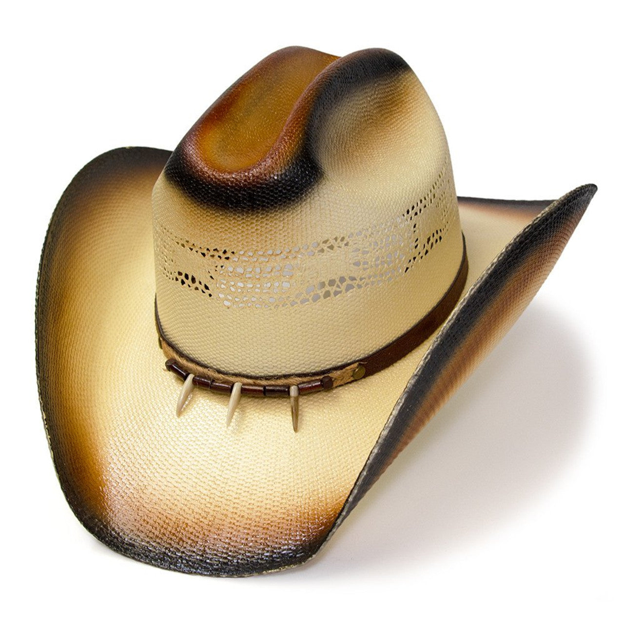 Brown & Beige Straw Western Cattleman Hat with Claw Hat Band - Brun og beige Stråhatt Cattleman