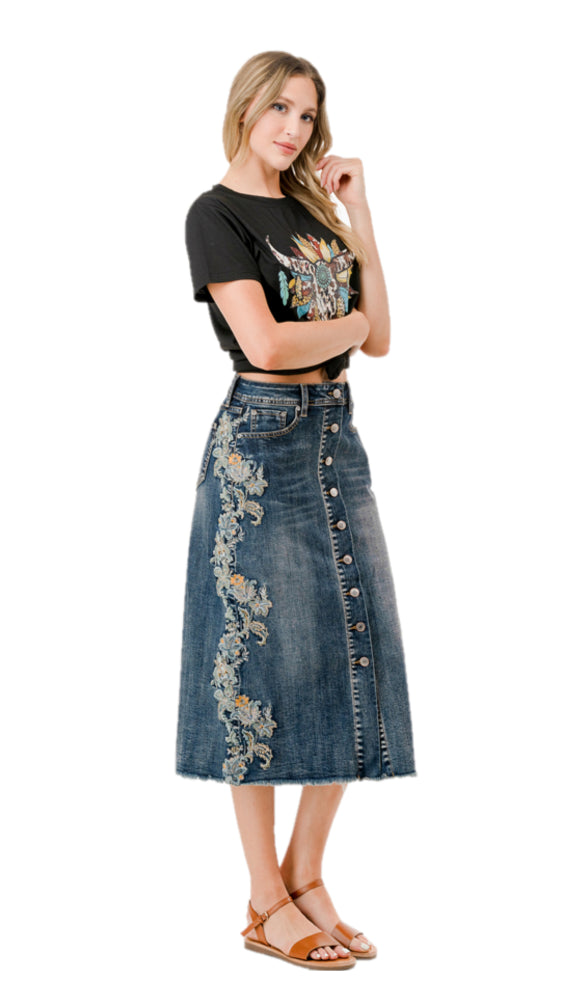 PÅ LAGER IGJEN - Grace in LA Floral Denim Skirt / Skjørt