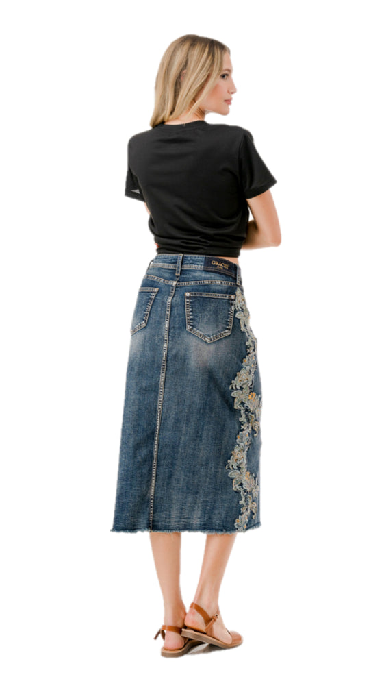 PÅ LAGER IGJEN - Grace in LA Floral Denim Skirt / Skjørt