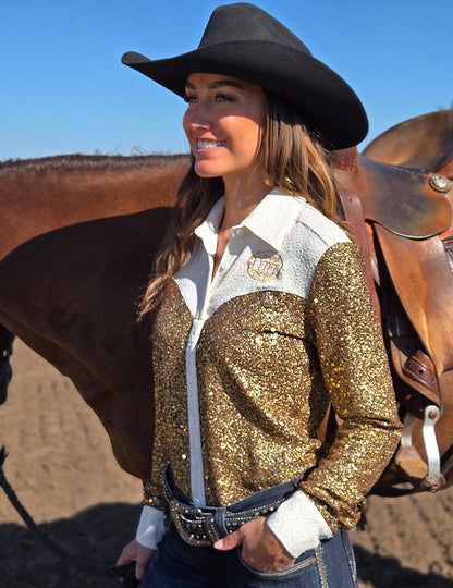 Gold Buckle With Cream Shimmer Pullover Shirt - Cowgirl Tuff