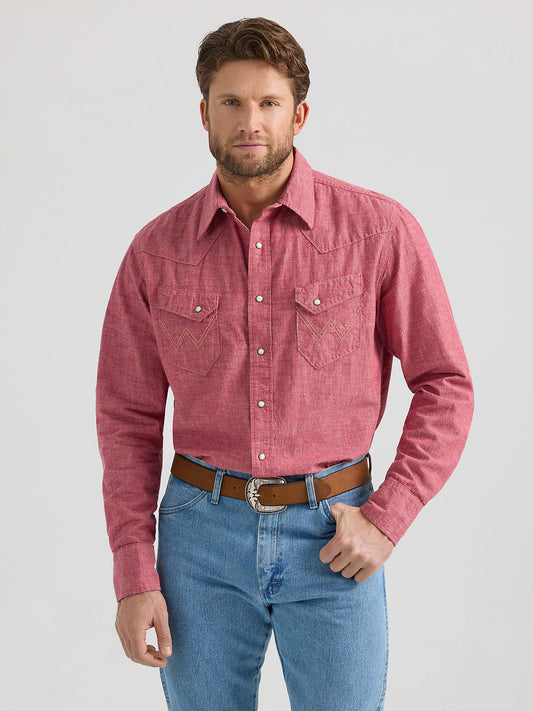 Wrangler Vintage-Inspired Western Snap Workshirt – Chambray Rød