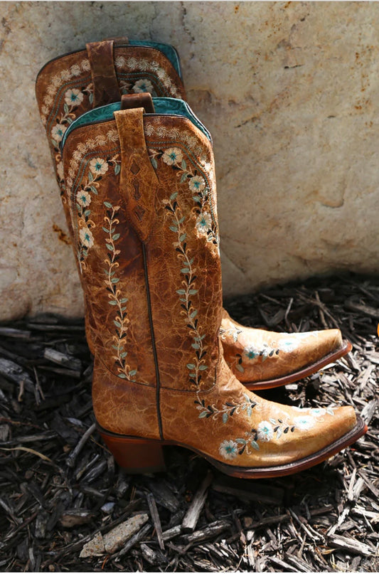 Cognac Flowered Embroidery Glow Corral Boots