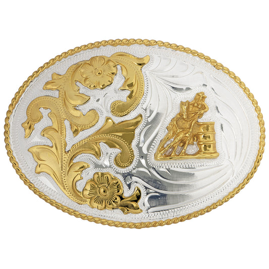 Barrel Racer German Silver Belt Buckle with Floral Scrolls - Sølv blomst beltespenne