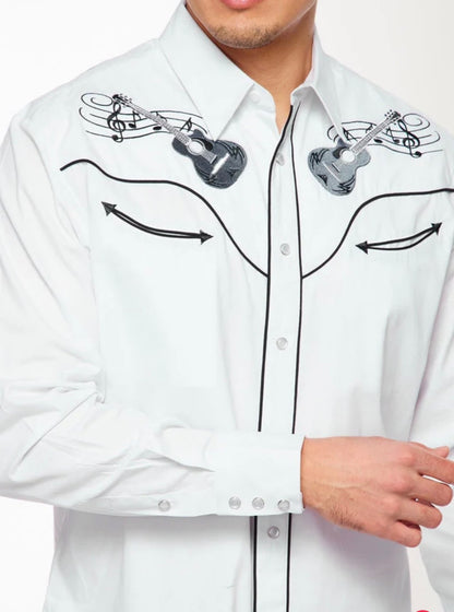 Men’s Western Cowboy Embroidery Shirt – Klassisk westernskjorte med gitar broderi