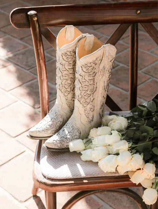 White Glittery Inlay & Crystals Corral Boots