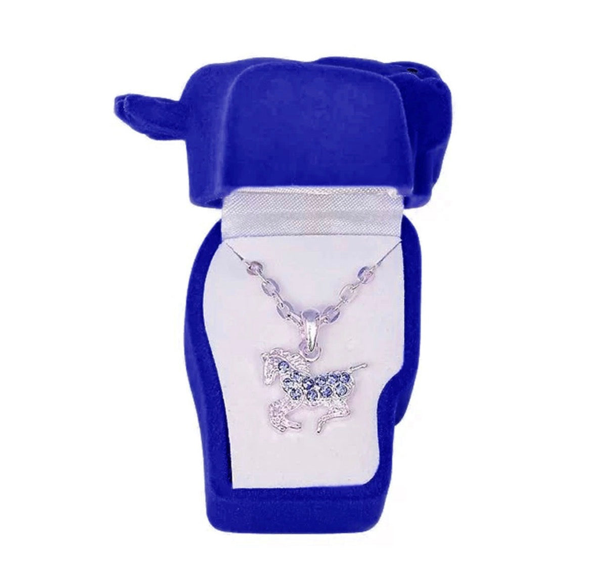 Blå Rhinestone Pony-Halskjede i Pony Head Gaveeske