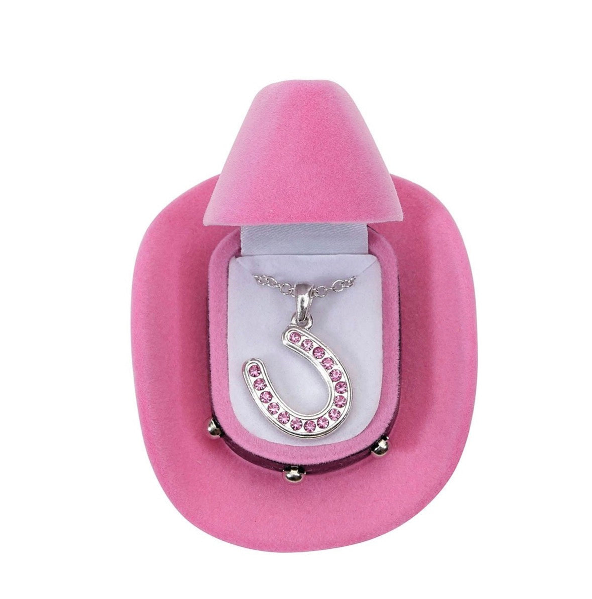 Rosa Rhinestone Hestesko-Halskjede i Cowboyhatt-Gaveeske