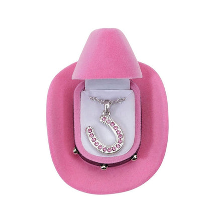 Rosa Rhinestone Hestesko-Halskjede i Cowboyhatt-Gaveeske