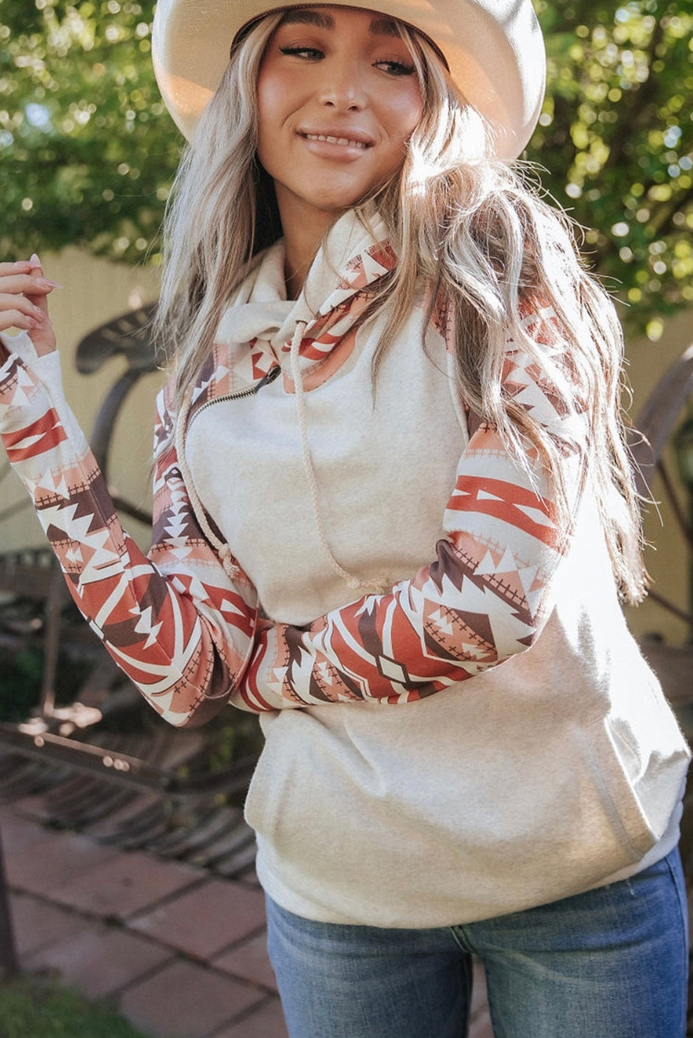 Beige Aztec Double Hood Hoodie
