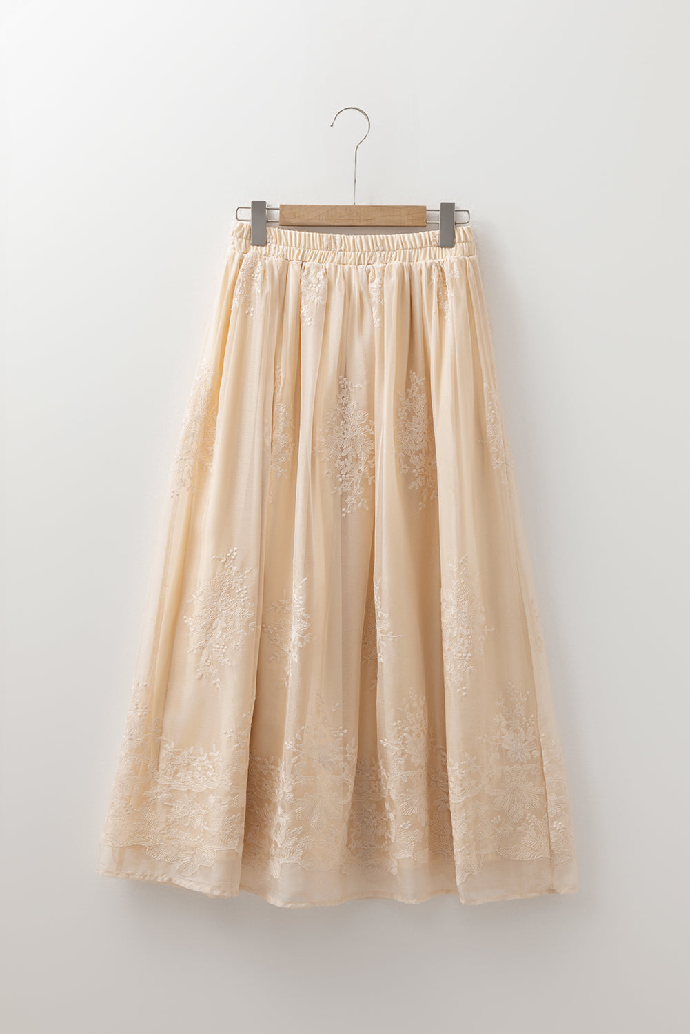 Beige Brodert Mesh Skjørt