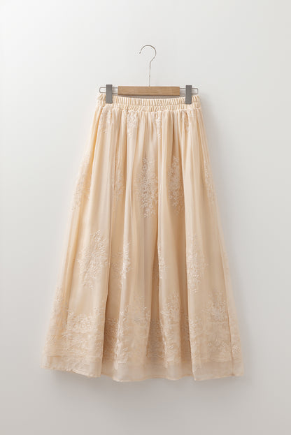 Beige Brodert Mesh Skjørt
