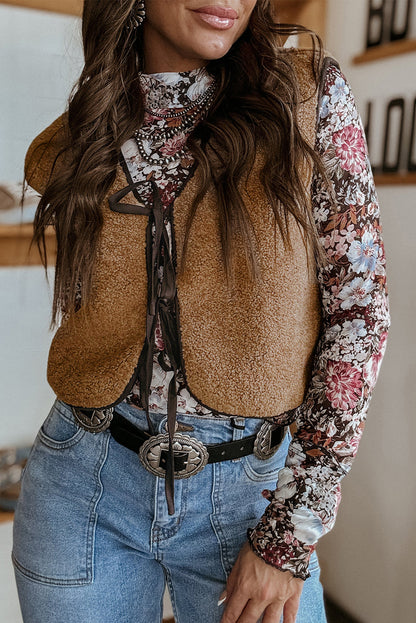 Beige Fleecevest med Knyting