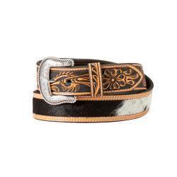 Nocona Mens Belt 1 1/2" Floral Embossed Calf Hair Brown - ku hår belte